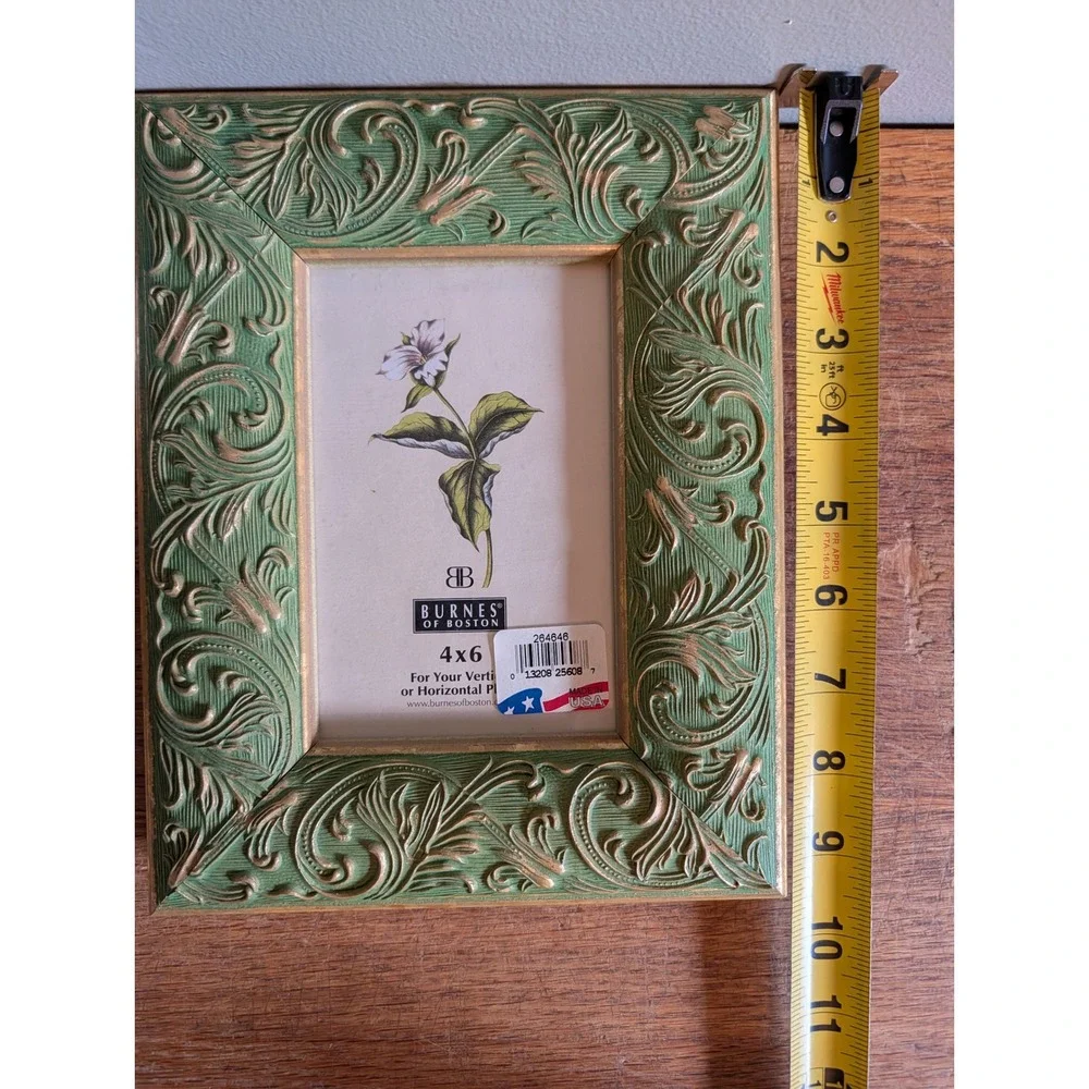 New in Box Vintage Burnes of Boston Gold Florentine Green Ornate 4x6 Frame